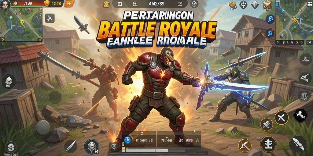 Tangkapan layar utama AMS789 menampilkan aksi Battle Royale yang mendebarkan.