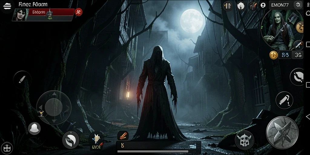 Screenshot gameplay EMON77 menunjukkan suasana Horror yang mencekam.