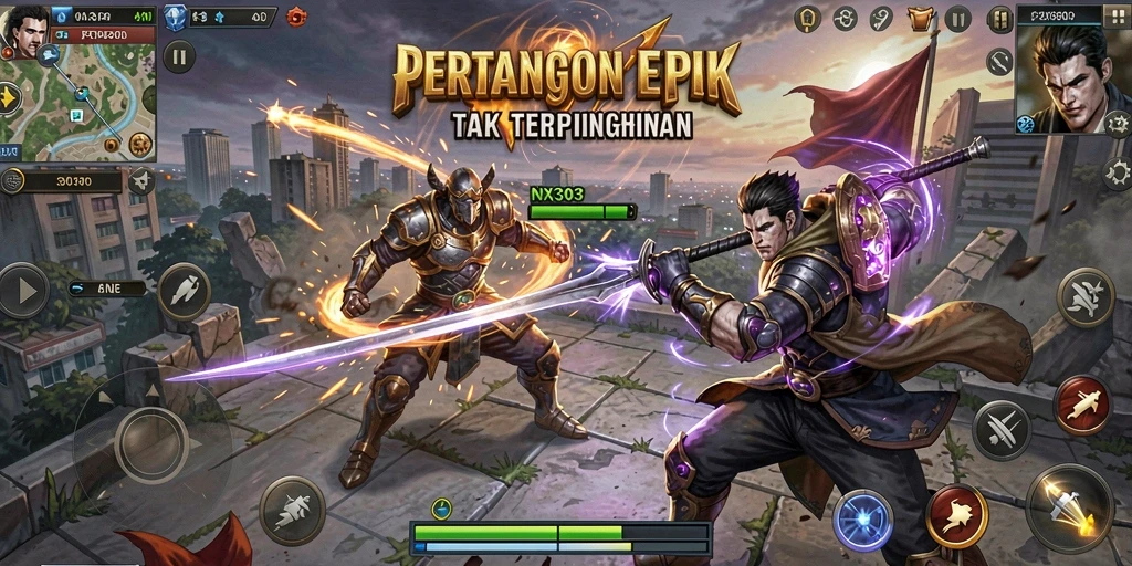 Tampilan gameplay menegangkan di NX303 dengan pertarungan karakter yang mendebarkan.